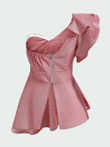 GENKIRA Blusa sin mangas con hombro asimétrico y volantes para mujeres - Rojo - Ver 2