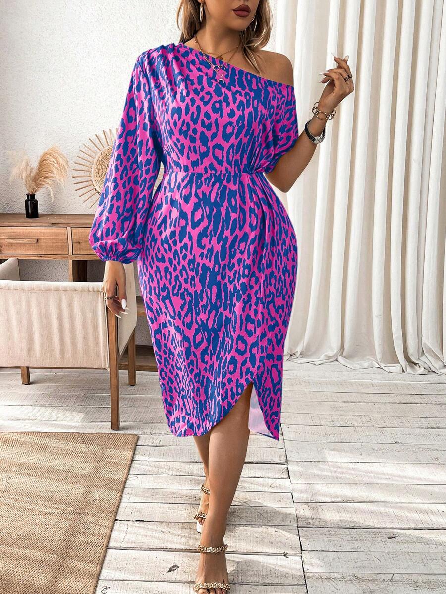 Celure Leopard Print Open Shoulder Plus Size Dress - Multicolor - View 1
