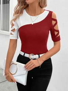 SHEIN Clasi Women Fashionable Color Block Hollow Out Short Sleeve Slim Fit T-Shirt - Red and White - View 3