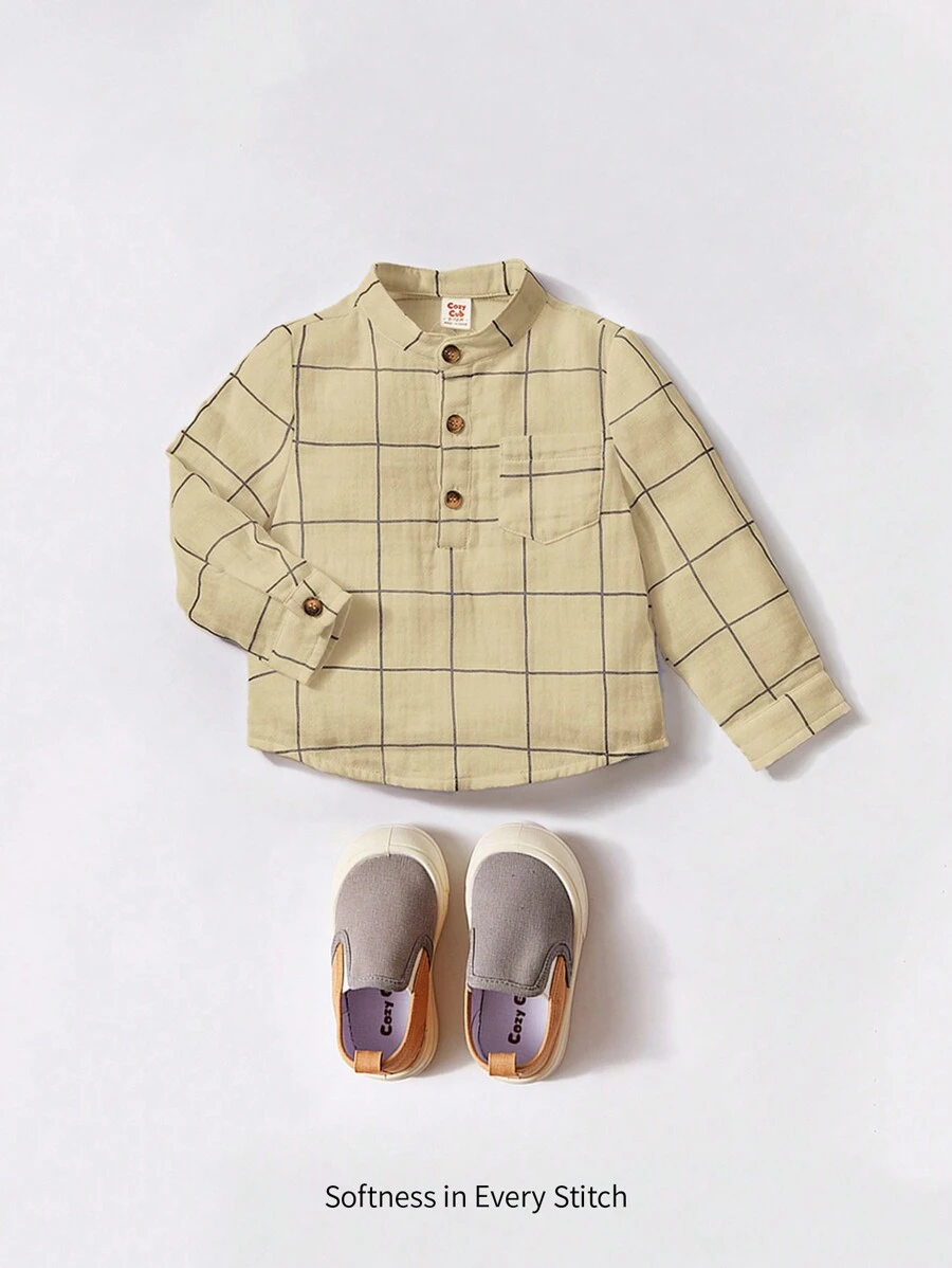 Cozy Pixies Baby Boy Plaid Print Pocket Patched Half Button Top - Khaki - View 1