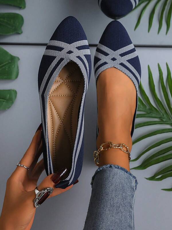 Chaussures plates pour femmes tricotées, respirantes, élégantes pointues, chaussures habillées, mocassins à blocs de couleurs rayées