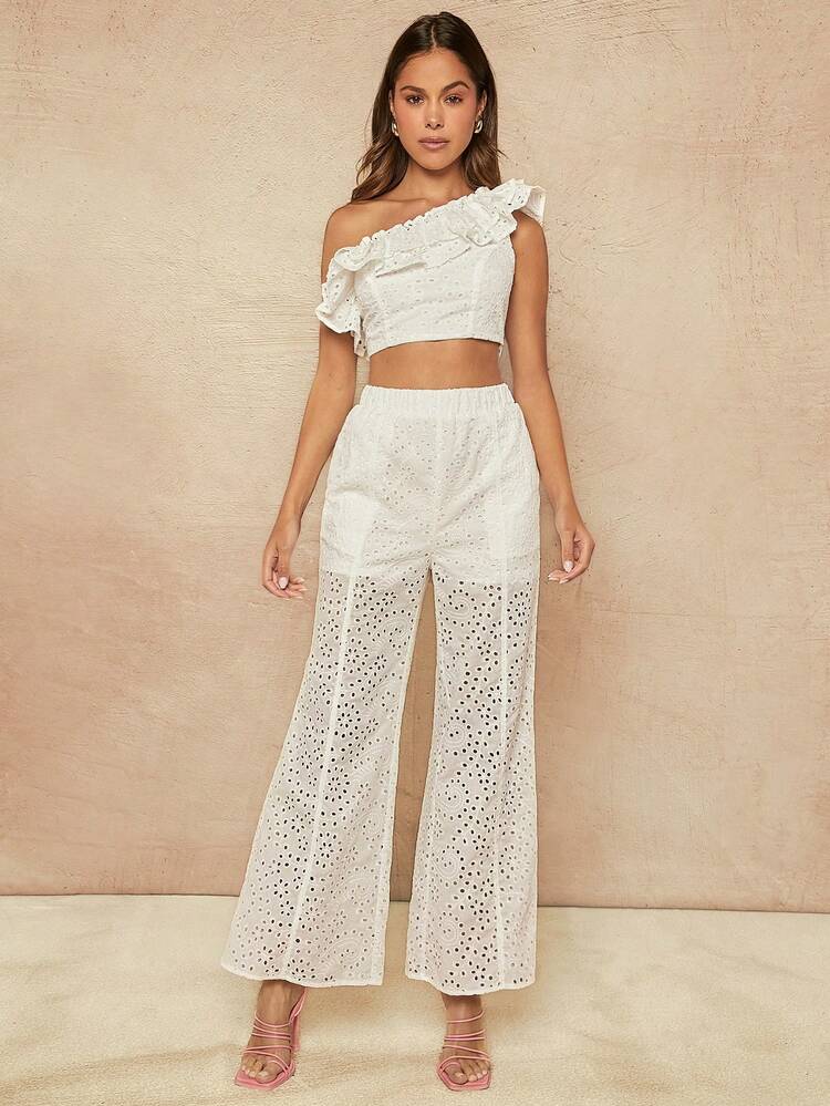 Eyelet Ruffle Crop Top & Pants Two Pieces Set