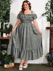 SHEIN SunnyBelle 格紋印花細肩帶露肩連身裙（大尺碼），裙擺褶邊設計 - 彩色 - 查看 7