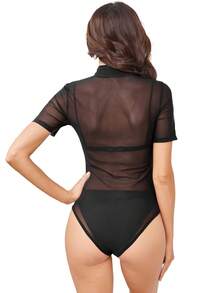 Black Cat Ears Shape Rhinestones Short Sleeve Bodysuit - Black - View 2