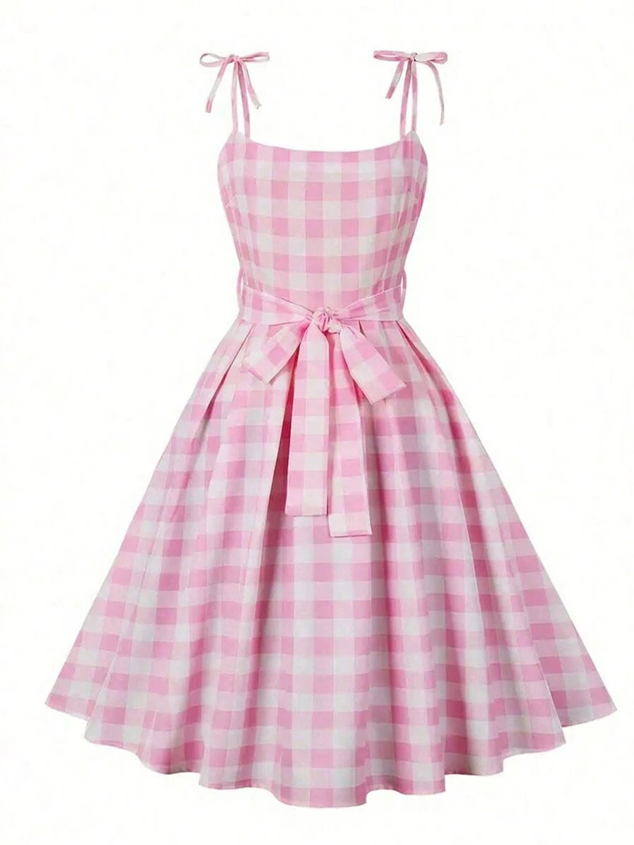 Women's Plaid Shoulder Knot & Waist Belt Decorated Dress - Pink - View 1