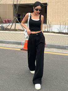 DAZY Women Casual Solid Color Pleated Loose Straight Leg Jeans