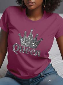 INAWLY Sexy Crown Round Neck Short-Sleeved T-Shirt With Rhinestone Graphic Design - Red Violet - View 1