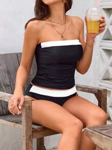 Swim Lushoire 女性時尚黑白拼接夏季沙灘無肩帶上衣和泳衣底部 - 黑與白 - 查看 5