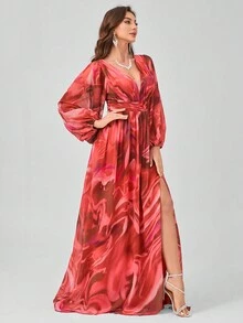 SUPGIR Randomly Cut Floral Watercolor Print V-Neck Lantern Sleeve Waist Pleated Decor Premium And Elegant Chiffon Dress With High Slit