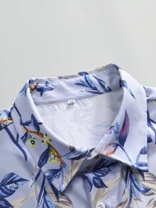 男士夏季度假風格熱帶植物印花短袖休閒襯衫 - 紫色 - 查看 6