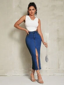 SHEIN SXY Spring/Summer Casual Front Slit Slim-Fit Denim Skirt - Dark Wash - View 2