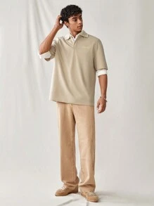 Manfinity VCAY Men Summer Casual Color-Block Letter Print Short Sleeve Polo Shirt With Turn-Down Collar - Khaki - View 3