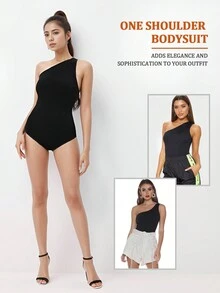Quý cô Liền mạch Và Độ co giãn Cao Một bờ vai Định Hình Cơ Thể Áo liền quần chặt - màu đen - Xem 3