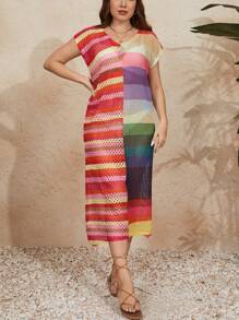 SHEIN Clasi Plus Size Women Striped V-Neck Batwing Short Sleeve Hollow Out Loose Straight Sweater Dress For Summer Vacation - Multicolor - View 3
