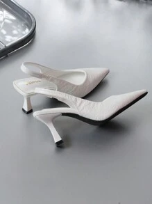 2025秋冬女士高跟鞋，细跟，纹理低鞋面，尖头，镂空后跟，踝带鞋，猫跟，优雅 - 白色 - 查看 8