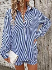 SHEIN LUNE Set áo sơ mi sọc và quần short in họa tiết thường ngày cho nữ mùa xuân hè - Nhiều màu - Xem 3