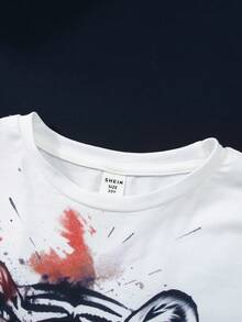 SHEIN Conjunto de dos piezas para niños preadolescentes con top de cuello redondo de manga corta con estampado de tigre casual y pantalones largos de punto lisos - Multicolor - Ver 4