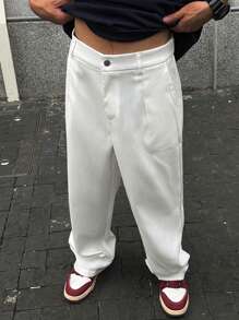 Manfinity Streetrush Pantaloni larghi e casual da uomo con pieghe e tasche inclinate, adatti per uscire, gamba dritta, pantaloni lunghi tinta unita bianchi, pantaloni a gamba ampia da uomo, pantaloni morbidi da uomo, di ritorno a scuola