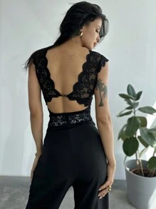 Firerie Women Summer Deep V-Neck Lace Slim Fit Tank Top With Large Open Back