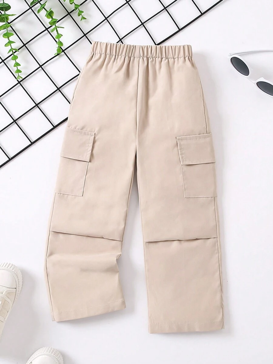 SHEIN Young Girl Pocket Design Daily Wear Solid Color Pants - Khaki - View 1