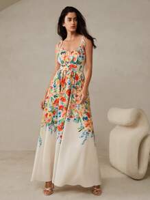 Anewsta Damen florales Kleid mit Taillenzug trägerlos für romantischen Urlaub Maxi Damen Outfit