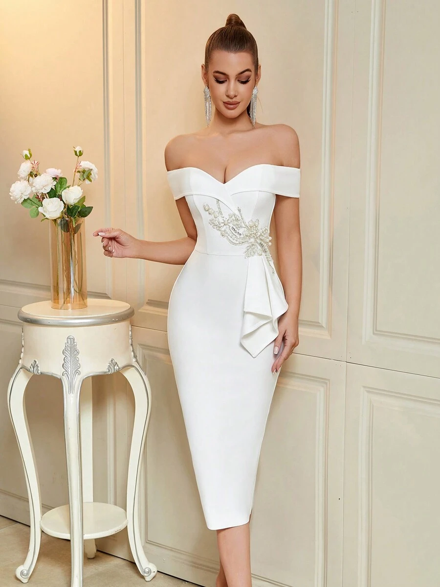 ADYCE Vestido de Festa Midi Elegante com Decoração de Flor de Contas na Cintura e Ombro Único para Festa de Formatura, Aniversário, Festa à Noite, Festa de Boas-Vindas, Casamento, Coquetel, Família, Festival de Ano Novo, Vestido Branco