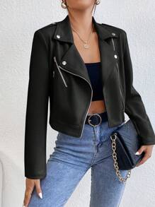 Calvaya Mujeres Chaqueta de moto casual de primavera y otoño con cremallera frontal de manga larga