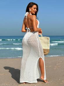Swim Vcay Summer Beach Women Maxi Hollow-Out Halterneck Sleeveless Beach Cover-Up Dress For Seaside Holiday