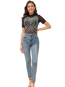 Black Cat Ears Shape Rhinestones Short Sleeve Bodysuit