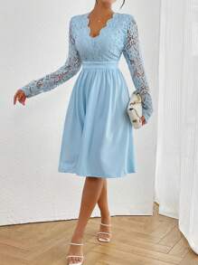 SHEIN Privé Váy hở lưng phối ren dài tay thanh lịch cho nữ mùa xuân hè - Màu xanh lam - Xem 5