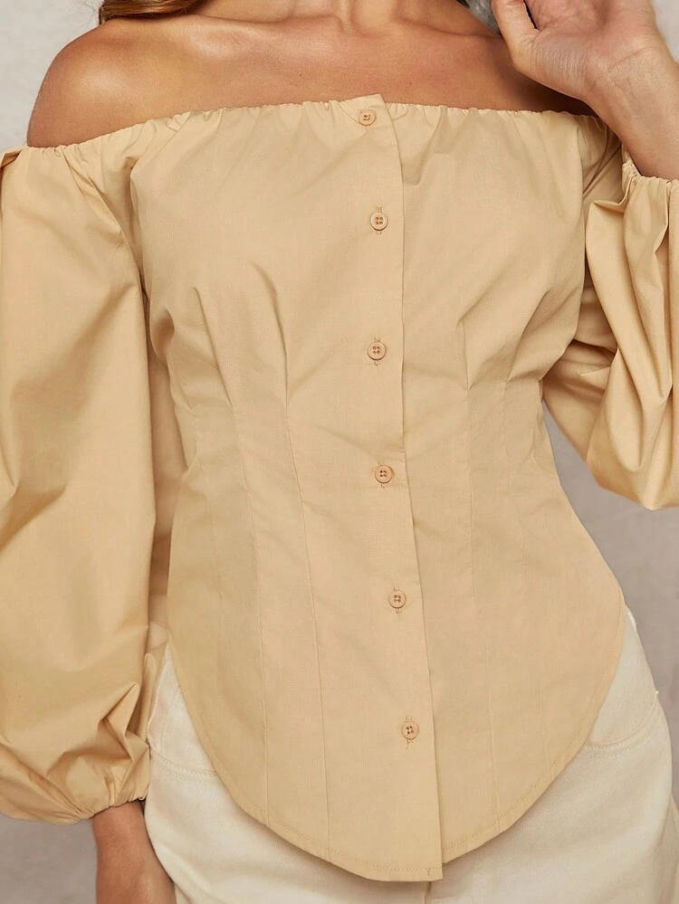 Elegant Solid Off Shoulder Lantern Sleeve Blouse
