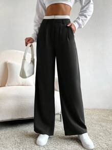 SHEIN EZwear Spring Dress PantsHigh Waist Plicated Detail Wide Leg Suit Pants In Fall/Winter - Black and White - View 1