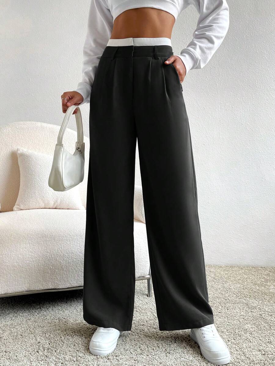 SHEIN EZwear Spring Dress PantsHigh Waist Plicated Detail Wide Leg Suit Pants In Fall/Winter - Black and White - View 1