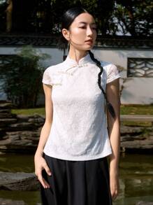 EastFlair Áo cổ đứng ren phong cách truyền thống Trung Quốc với các yếu tố Qipao - trắng - Xem 5