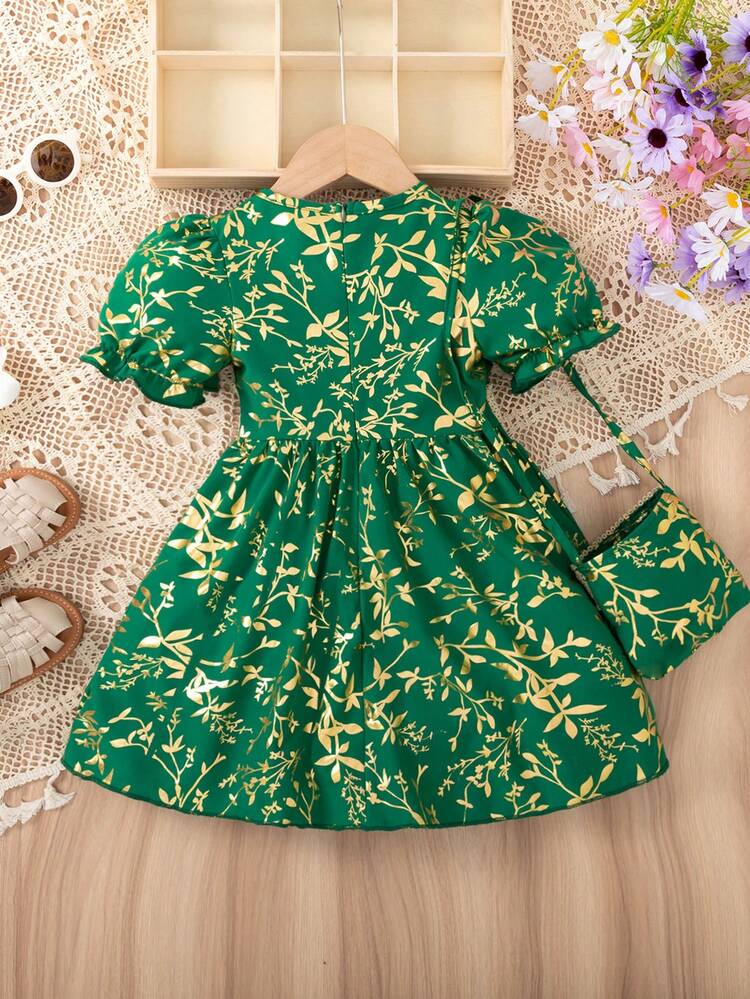 Eid Al-Adha Girls Floral Pattern Lace Trimmed Puff Sleeve Dress With Gold Foil Print And Matching Purse, For Summer