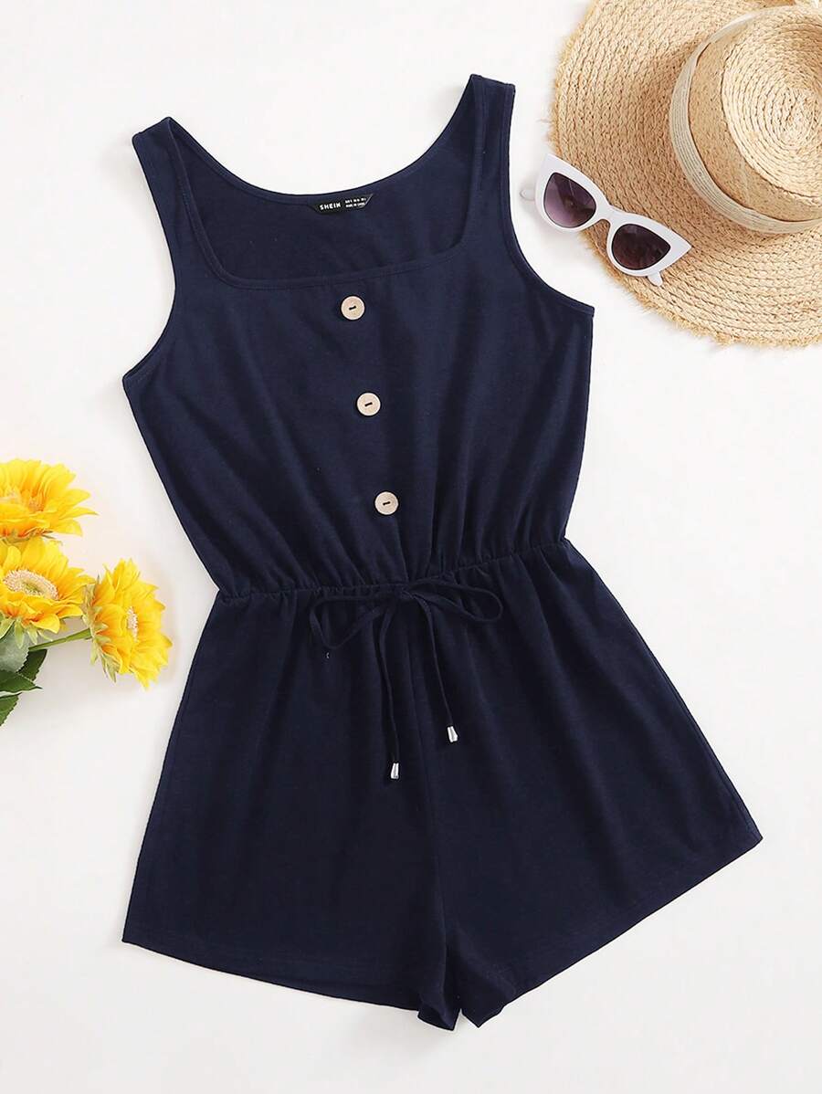SHEIN VCAY Mono de punto sin mangas con cordón ajustable y cuello redondo amplio en unicolor - Azul Marino - Ver 1