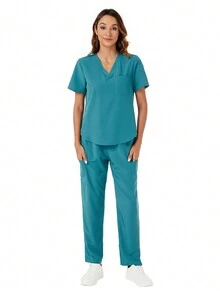 V-Neck Top & Straight Pants Scrub Uniform Set - Dark Green - View 5