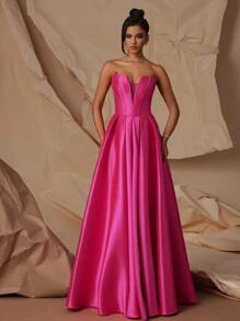 VIPGIRL Váy dài chữ A bằng vải satin màu hồng cánh sen thanh lịch không quai cho nữ, váy dạ hội trang trọng cho vũ hội, tiệc tùng, khách dự tiệc cưới, tốt nghiệp - Màu Hồng Tươi - Xem 2
