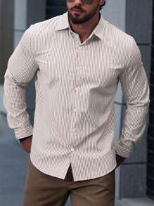 Manfinity Mode 男士休閒條紋對比色長袖襯衫，春秋季風格 - 彩色 - 查看 1