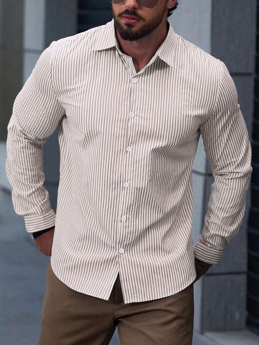Manfinity Mode 男士休閒條紋對比色長袖襯衫，春秋季風格 - 彩色 - 查看 1