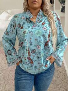 Breezaya Rozmiar Plus Wzór w kwiaty Dzwon rękaw Koszula