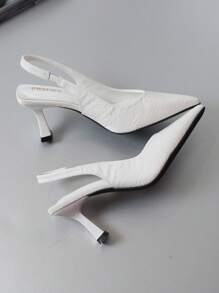 2025秋冬女士高跟鞋，细跟，纹理低鞋面，尖头，镂空后跟，踝带鞋，猫跟，优雅 - 白色 - 查看 7