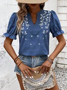 EMERY ROSE Women Embroidered Shirt, Suitable For Daily Wear, Beach Vacation And Leisure In Summer - Blue - View 4