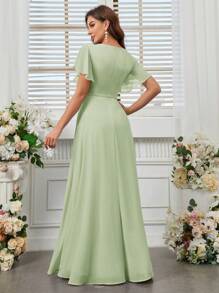 SHEIN Belle V-Neck High Split Chiffon Bridesmaid Dress (Adult) Elegant Dress - Mint Green - View 2