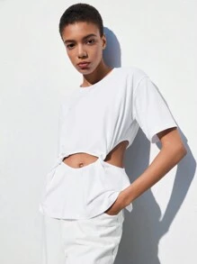Maija Women's Casual Hollow Out Round Neck Short Sleeve T-Shirt, Summer - White - View 8