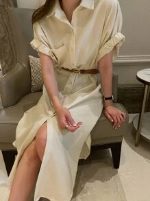 DAZY Striped Shirt Dress Without Belt Sundress,Fall Dress Long Sleeve Dress - Apricot - View 1