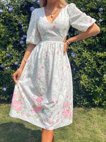 Breezaya Vestido elegante bordado con impresión de posición, cuello en V con manga acampanada y cintura descubierta - Multicolor - Ver 3