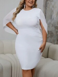 SHEIN Clasi 大尺碼純色圓領披風袖婚禮來賓連衣裙 - 白色 - 查看 5
