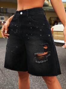 SHEIN ICON Quần Short Denim Màu Đen Gợi Cảm Cho Nữ Với Chi Tiết Rách, Viền Sờn Và Trang Trí Ngọc Giả - màu đen - Xem 1