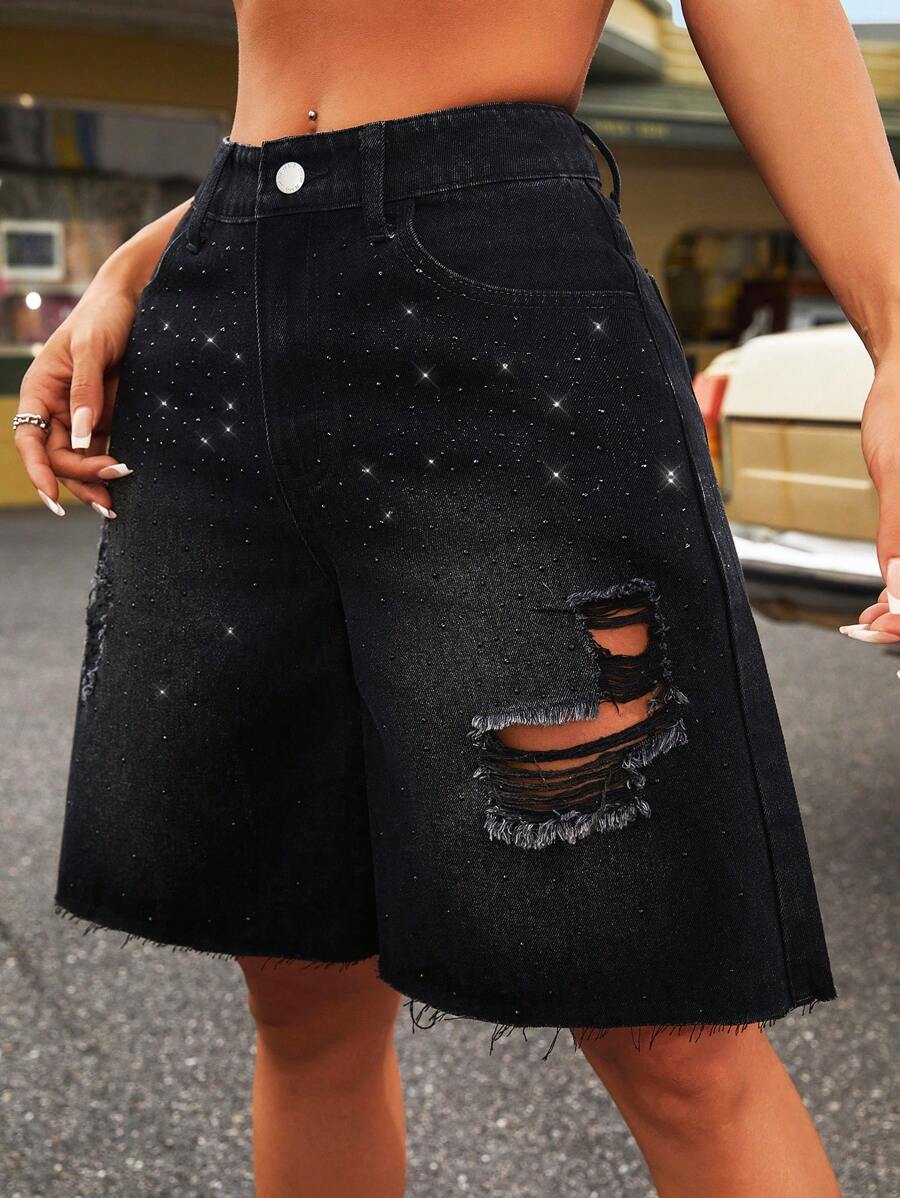 SHEIN ICON Quần Short Denim Màu Đen Gợi Cảm Cho Nữ Với Chi Tiết Rách, Viền Sờn Và Trang Trí Ngọc Giả - màu đen - Xem 1